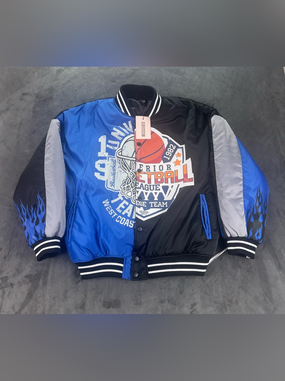 New Missguided Blue & Black Basketball women’s Graphic Bomber Jacket size US 4